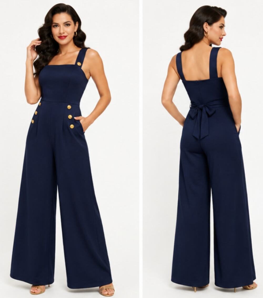 Unique Vintage Navy Wide Leg Button Detail Jumpsuit S NWT